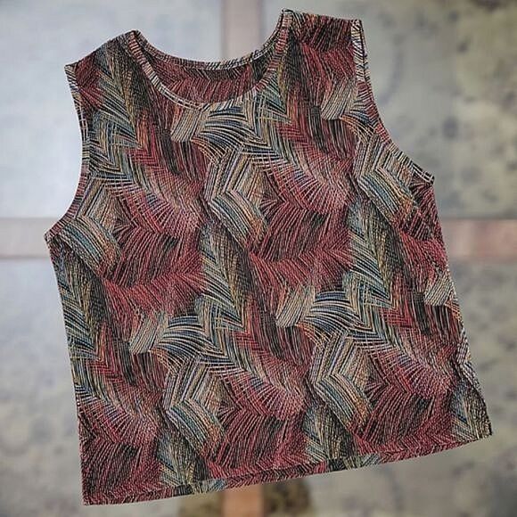 Vtg crimped dark red abstract palm print sleeveless blouse - Picture 5 of 8